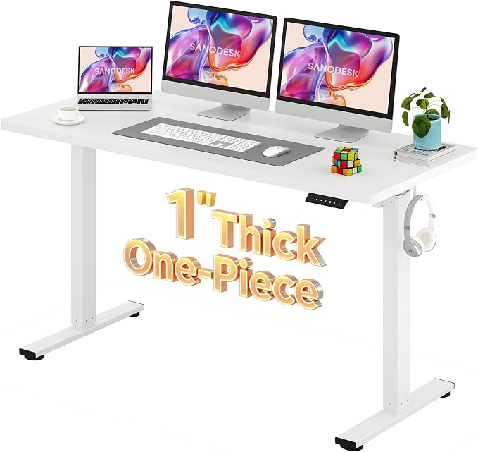 SANODESK Electric Standing Desk 60 x 24 Inches Whole-Piece Desktop Height Adjustable Stand Up Desk w/6-Button Controller Ergonomic Computer Desk for Home Office, White Frame + White Tabletop
