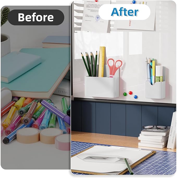 Marbrasse Magnetic Dry Erase Marker Holder,Pen and Eraser Holder for Whiteboard，Magnet Pencil Cup Utility Storage Organizer for Office, Refrigerator, Locker and Metal Cabinets (White)