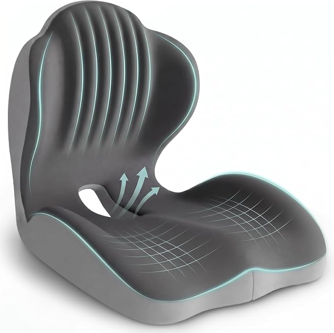 Ergonomic Seat Cushion with Lumbar Support (Grey) | Office Chair Seat Cushion, Memory Foam Orthopedic Cushion with Tailbone Hollow, Sciatica & Back Pain Relief for Long Sitting