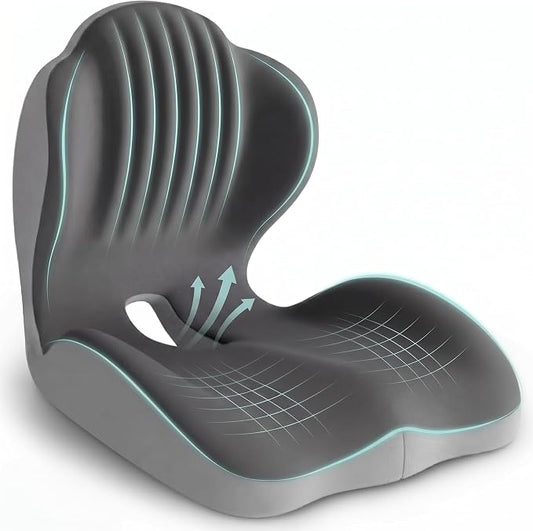 Ergonomic Seat Cushion with Lumbar Support (Grey) | Office Chair Seat Cushion, Memory Foam Orthopedic Cushion with Tailbone Hollow, Sciatica & Back Pain Relief for Long Sitting