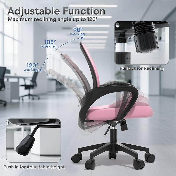 Ergonomic Mesh Office Chair, Heavy Duty 330 Lb Capacity 1 Pack, Pink | Mid-Back Desk Chair, Rolling Wheel, Breathable Mesh Backrest & Lumbar Support, Adjustable Height, Sponge Seat for Home Office