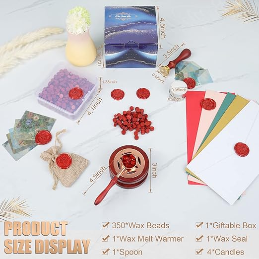 Wax Seal Stamp Kit - 357Pc Set with Wax Beads, Seal Stamp, Warmer, Spoon, Candles - Vintage Envelopes Letters Mailing Crafts Gift (Wine Red)
