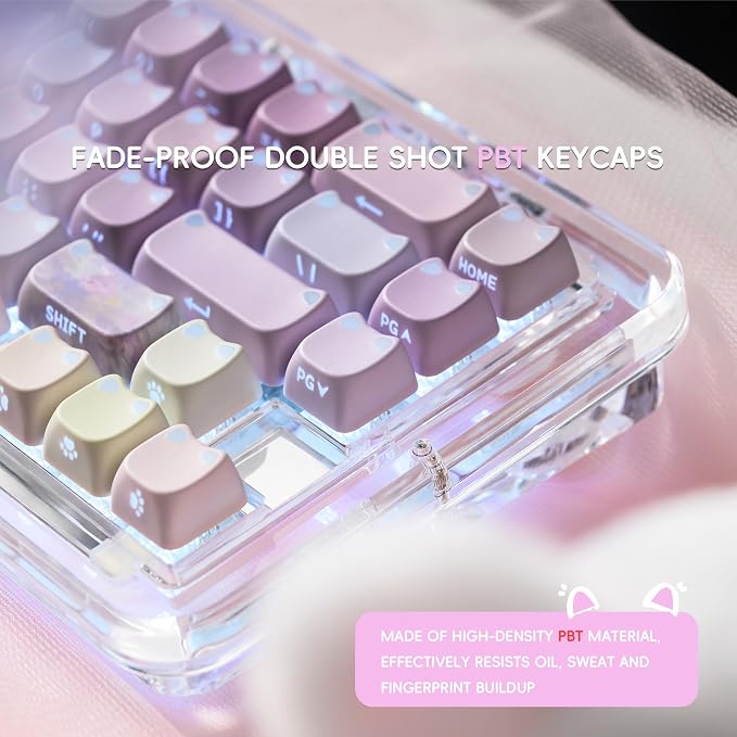 XVX Cute Shine Through Lumicat Keycaps, Mao Profile Purple PBT Keycaps for Mechanical Keyboard, Meow Meow Keyboard Keycap Sets Compatible with 65% 75% 96% 100% Cherry Gateron MX Switches Keyboards