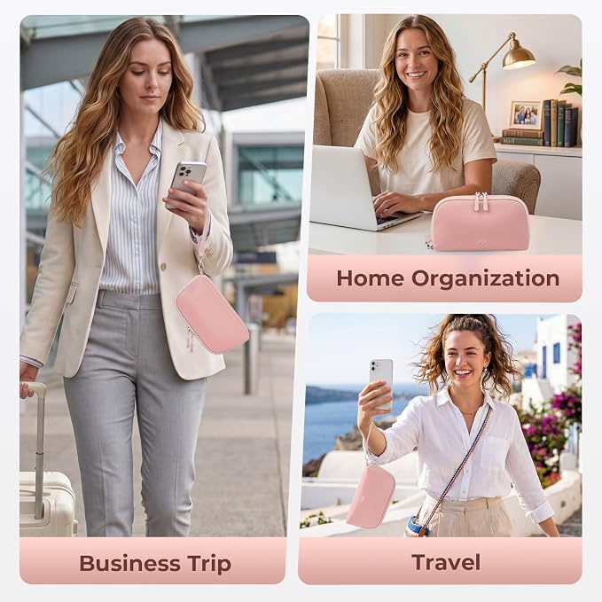 FYY Travel Cable Organizer - 8 Compartments Lightweight Water Resistant Tech Pouch with Wrist Strap, Portable Electronic Accessories Case for Cord Charger Storage for Travel Home Office, Pink (Small)