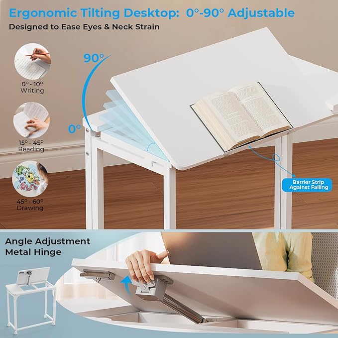 GreenForest Folding Desk with Adjustable Tiltable Desktop 0-90°, 31.5 inch Small Drafting Table with Wheels, Foldable Craft Table for Drawing, Reading, Writing, Laptop, Work, White