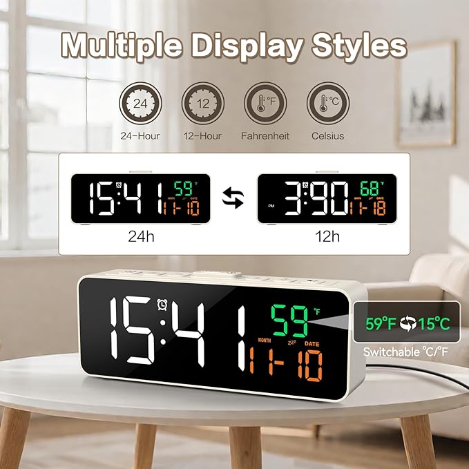 Netzu 3-in-1 Digital Clocks for Living Room, Small & Compact Alarm Clock | Temperature, Date & Time Display, 4 Birghtness, 3 Volumes, Plug-in, for Bedroom, Office