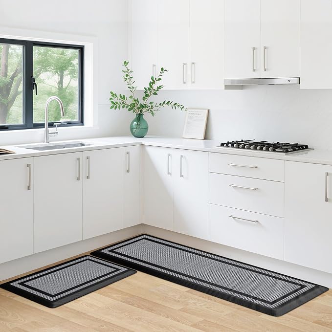 KitchenClouds [2 PCS] Kitchen Rugs Cushioned Anti-Fatigue Kitchen Mats for Floor Waterproof Kitchen Rug Set Non-Slip Comfort Standing Mat for Office, Sink, Laundry 17.3"×28"+17.3"×60",Black