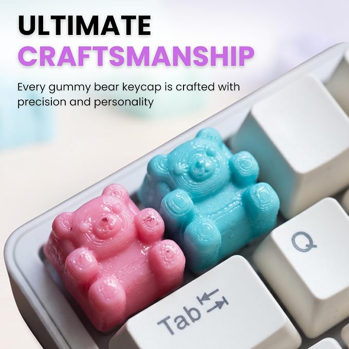 Kawaii Gummy Bear Keycaps - Pack of 4 Cute Colorful OEM Profile Artisan Keycap Set in Pink, Green, Baby Blue, & Purple Compatible with Mechanical Keyboard for Cool, Fun & Aesthetic Gaming PC Decor