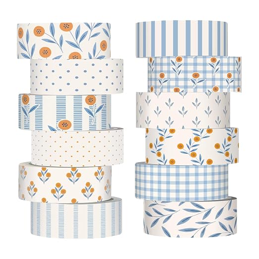 12 Rolls Watercolor Floral Washi Tape Set 15 mm Vintage Flower Decorative Masking Tape for Summer School Arts DIY Craft Scrapbook Journal Supplies Gifts(Beige and Blue,Floral Plaid)