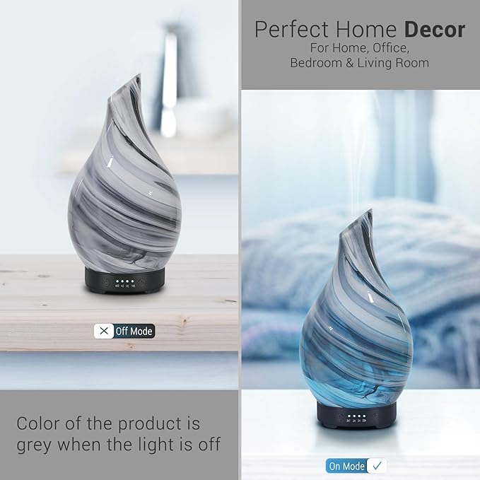 Essential Oil Diffuser Aromatherapy Diffuser - Art Glass Oil Diffuser with Auto Shut-Off Protection 4 Timer Setting 7 Colors Changed LED Night Light for Home Office Decor Gift (Grey Wave)
