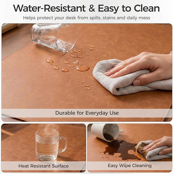 Premium Faux Leather Desk Mat & Tray Set，Innovative Cork-Look Printed Base，Gift Tube Packaging，Full-Desk Coverage，Non-Slip Desk Pad for Office Home（Cognac Brown）