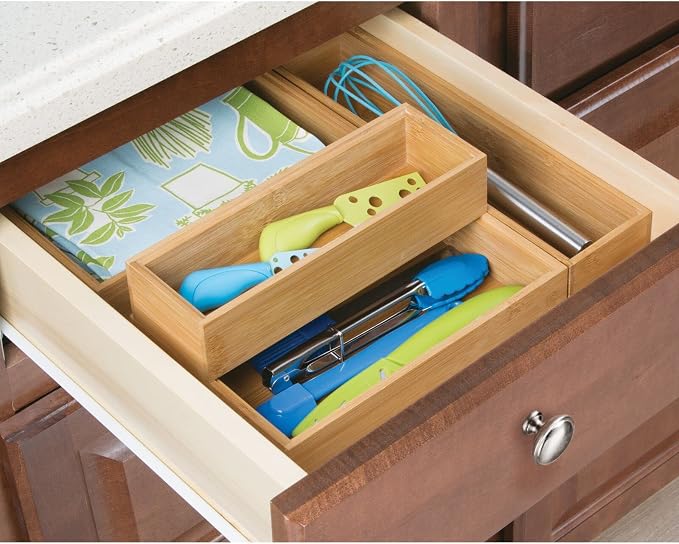 mDesign Wooden Bamboo Office Drawer Organizer Box Tray, Stackable Storage for Drawers, Cabinets, Shelves, Cubby, or Desktop, Hold Pens, Pencils, Supplies, Echo Collection, 6 Pack, Natural Wood Finish