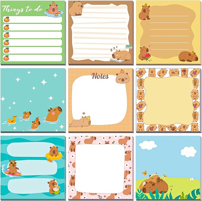9 Pads Cute Sticky Notes Cartoon Self Stick Notepads 3x3 Inches Notes Adhesive Memo Pad Office Decor Gifts for Students School Teacher Office Meeting(Capybara)