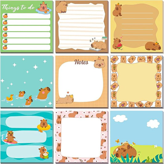 9 Pads Cute Sticky Notes Cartoon Self Stick Notepads 3x3 Inches Notes Adhesive Memo Pad Office Decor Gifts for Students School Teacher Office Meeting(Capybara)