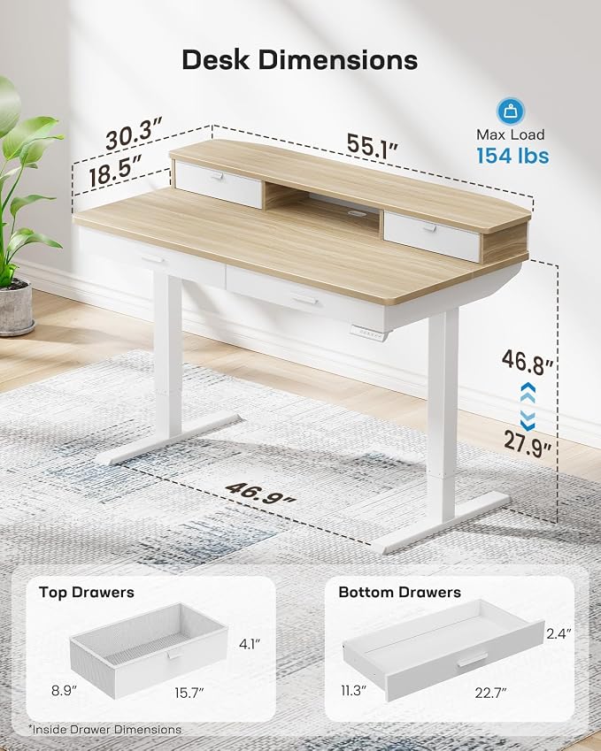 HUANUO 55 x 30 inch Electric Standing Desk with 2 Wood Drawers, Adjustable Height Sit Stand Desk for Home Office, Ergonomic Stand up Desk with 4 Memory Presets, 176 lbs Capacity, Natural Top
