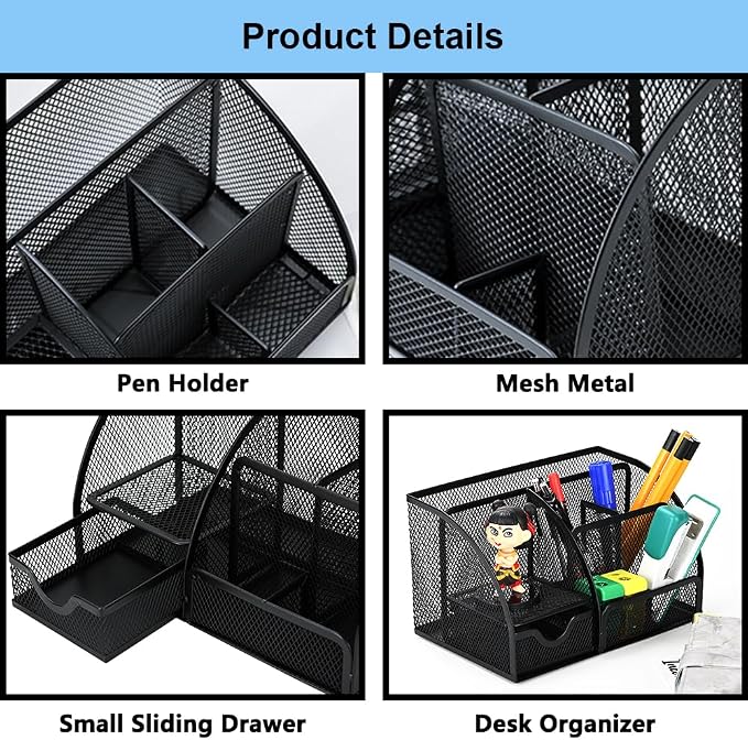 Desk Organizer Stationery Storage, Pencil Holder for Desk, Wire Mesh Office Supplies Journals Notebooks Organizers with 7 Compartments and Mini Drawer (Black)