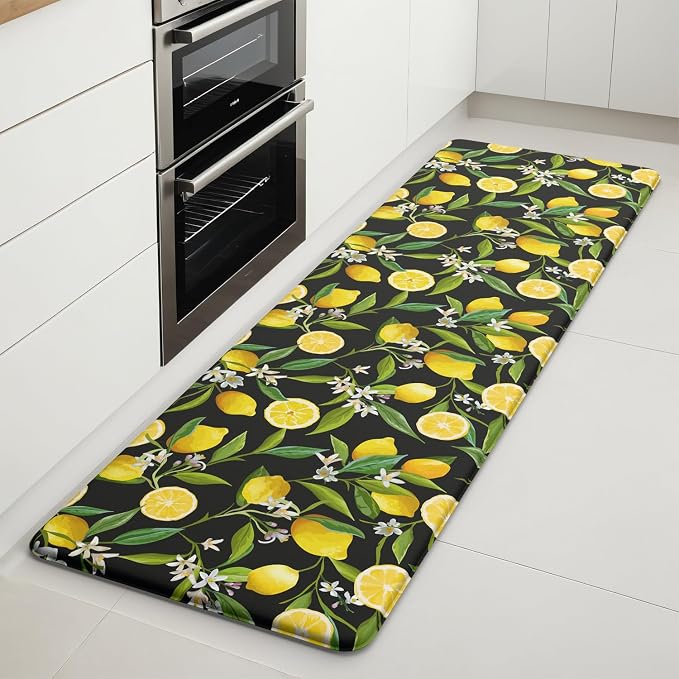 Lemon Kitchen Decor Mat, Extra Long Anti Fatigue Kitchen Mats | Extra Long Coverage,Lemon Pattern,Cushioned Comfort,Waterproof Surface,Non-Slip Backing,Easy Clean,Kitchen Island