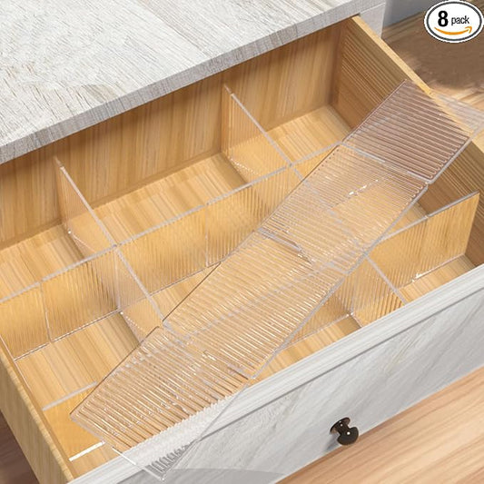 Onerbuy 8pcs Adjustable Grid Drawer Dividers DIY Plastic Closet Separator Tidy Organizer Container 32.5 * 7cm/ 12.8 * 2.8inch for Underwear Socks Belt Office Supplies(Transparent White)