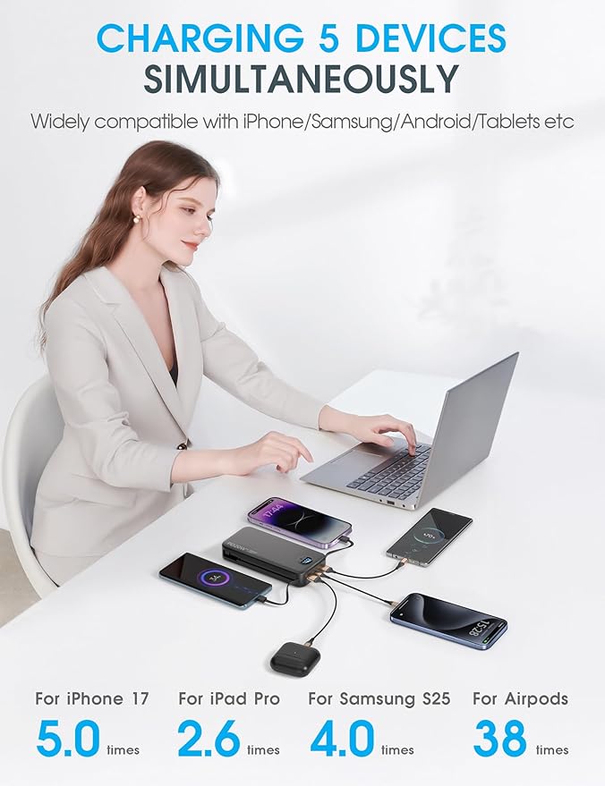 citicr Portable Charger 20000mAh PD20W w/Built-in Cables & Wall Plug Black | High capacity, Fast charging, Built-in wall plug, LED display, Charge 5 devices at once, Pass through charging, TSA approved