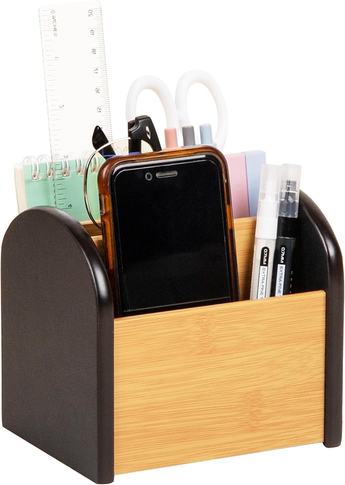 Mind Reader Desktop Organizer with 3 Compartments, Natural Wood and Matte Finish Sides, Compact Desk Storage, Wood, Black