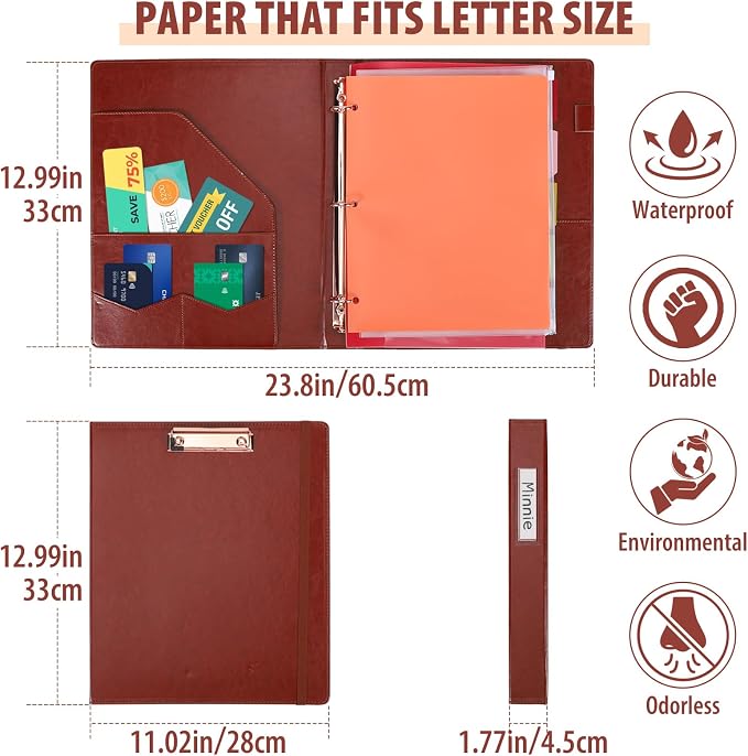 Leather Binder Portfolio with Clipboard 1 Inch, 13" × 11" PU Clipboard Binder with Notepad, 5 Dividers with Pockets, Removable Folder,Labels,Great for School Office(Fit Letter Sized Paper)