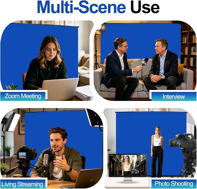 FUDESY 78.7 x 90in Large Collapsible Blue Backdrop Screen, Portable Retractable Pull Up Panel Wrinkle-Resistant Photo Background for Streaming, Video Conference, Photographic Studio