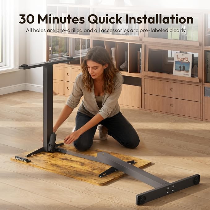 35 x 24 Inch Height Adjustable Standing Desk, 3 Presets, Brown | 35 x 24 in Desktop, 28.3–46.5 in Height, 2+3 Controls, ≤45 dB, 154 lb Capacity, 2 Hooks