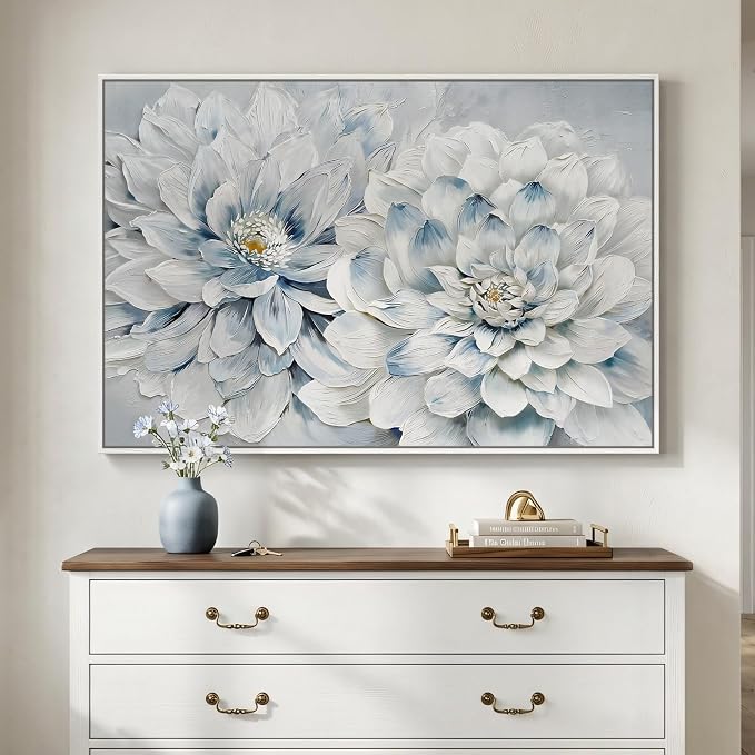 Framed Floral Wall Art, Modern Botanical Canvas Prints Artwork for Walls, Natural Pastel Watercolor Blue and White Elegant Flower Pictures for Living Room Bedroom Dining Room Wall Decor, 24x36 Inch