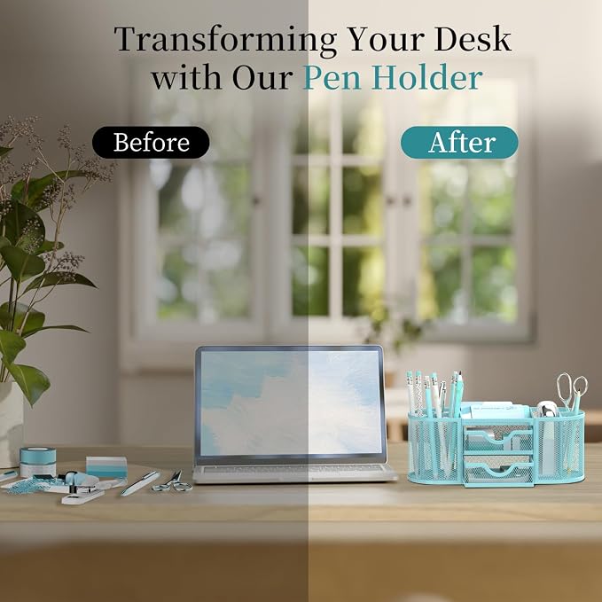 SUPEASY Mesh Desk Organizer, Desk Organizers and Accessories, Pen Holder with Drawers, Pencil Holder for Desk with 2 Drawer for Office Supplies, Blue