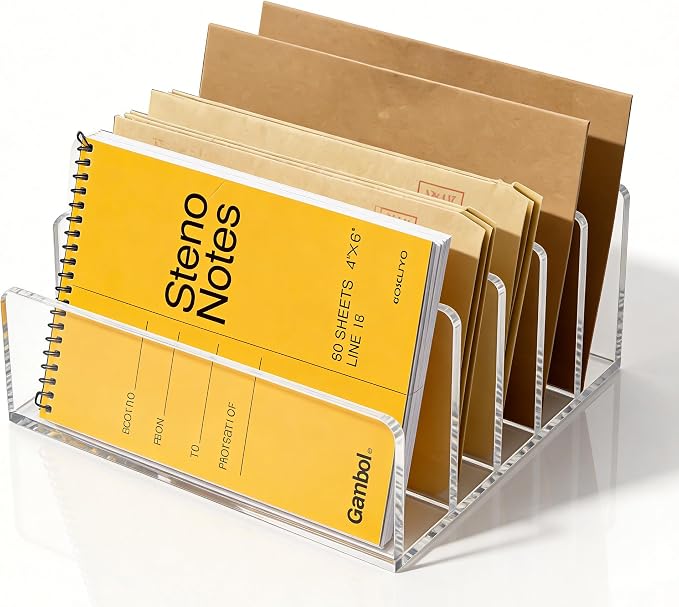 Clear Acrylic 5-Compartment Mail & Letter Desk Organizer | 5mm thick, 5 compartments organize mail, bills, letters & more. Crystal clear acrylic, non-slip pads. No assembly.