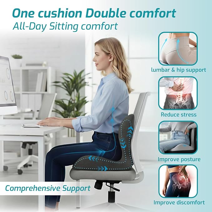 Ergonomic Seat Cushion, Office Chair Cushion with Lumbar Support Pillow, Memory Foam Seat Cushions for Office, Car, Home Chairs,Tailbone,Back Pain & Sciatica Relief,Improves Posture