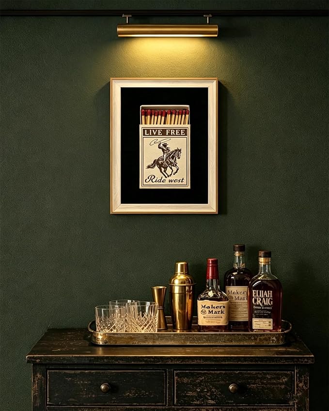 VIYYIEA Vintage Framed Wall Art for Living Room, Retro Matchbox Cowboy Riding Horse Canvas Print, Western Rustic Bathroom Poster, Wall Decor for Bedroom, 16L x 12W