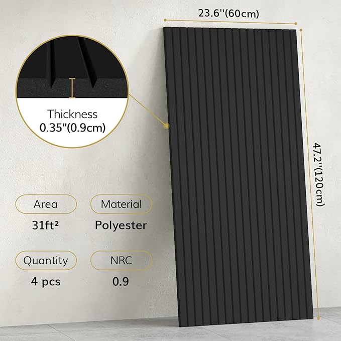 TONOR 4 Pack Large Acoustic Panels,47.2" X 23.6" X 0.35" Acoustical Wall Panel, Self-Adhesive Sound Proof Panels, Decorative Soundproof Wall Panels for Echo Absorption for Home Studio Office, Black