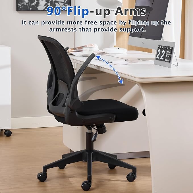 IPKIG Foldable Office Chair for Small Spaces | Home Office Folding Desk Chairs with Wheels and Flip Up Arms | Ergonomic Mesh Computer Chair for Adults & Kids(2PCS Black)