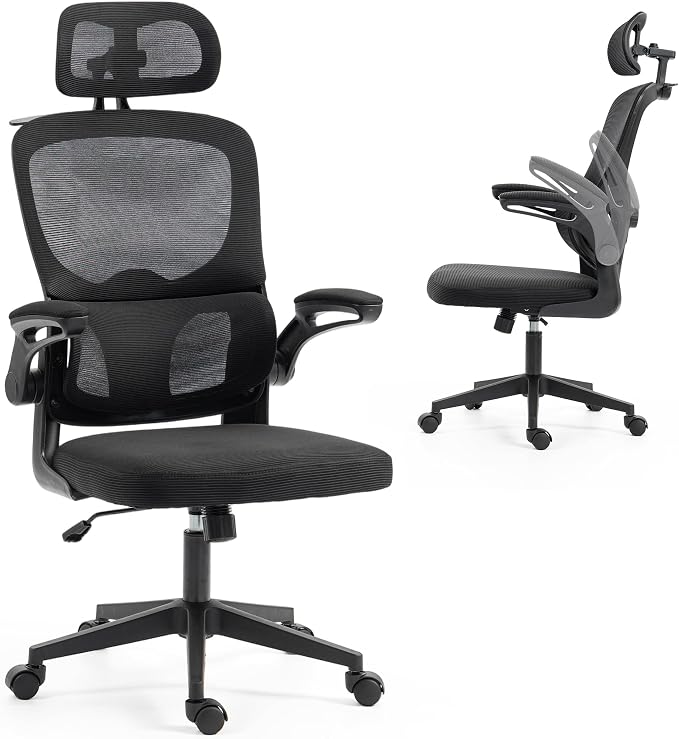Ergonomic Office Chair with Flip-up Arms, Black | Home Desk Chair w/ Coat Hook, Adjustable Headrest and Lumber Support, Mesh Computer Gaming Chair, 330 LBS