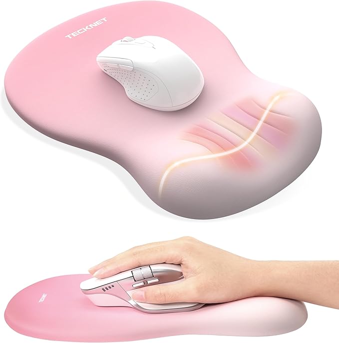TECKNET Ergonomic Mouse Pad with Wrist Rest, Memory Foam Mousepad with Wrist Support, Smooth Surface, Middle Concave & Non-Slip Base for Laptop/PC, Pain Relief for Home Office Gaming, Pink