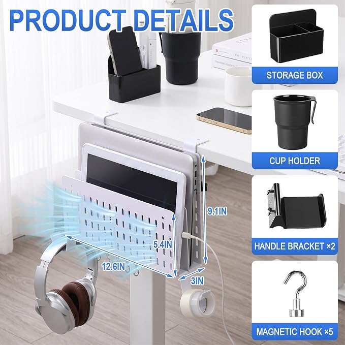 Desk Side Storage Organizer Set No Drill Under Desk Laptop Stand Organizer with Cup Pen Holder Headphone Hanger and Magnet Hook for Office Home Table Fits Edge 0.2" to 2.2"(Double,White)