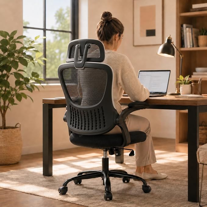 Black Ergonomic Office Chair, High Back Mesh Desk Chair with Adjustable Headrest Lumbar Support, Computer Chairs with Flip-up Armrests and Thickened Cushion for Adults Home Office, 360° Swivel