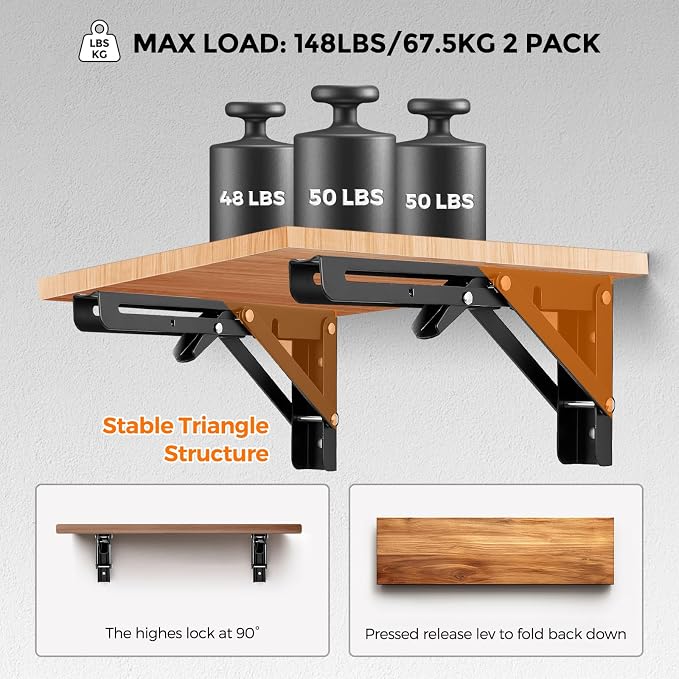 JOY DECOR 10 Inch Heavy Duty Folding Shelf Brackets, 2 Pack (1 Pair) Collapsible Wall Mounted Brackets for Fold Down Table, Stainless Steel Folding Table Hinge, Matte Black
