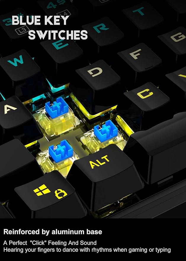 TDT Mechanical Gaming Keyboard,Wired 104 Keys RGB Keyboard with Blue Switch, Programmable RGB Backlit for Windows Gaming PC
