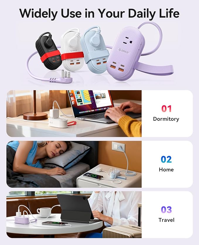 ORICO 22.5W Travel Power Strip, 7 in 1 Charging Station with 3AC, 2 USB-A, 2 USB-C, 4ft Thin Extension Cord, Flat Plug Fashion Essential for Travel/Home/Office/Library/Dorm -TK22