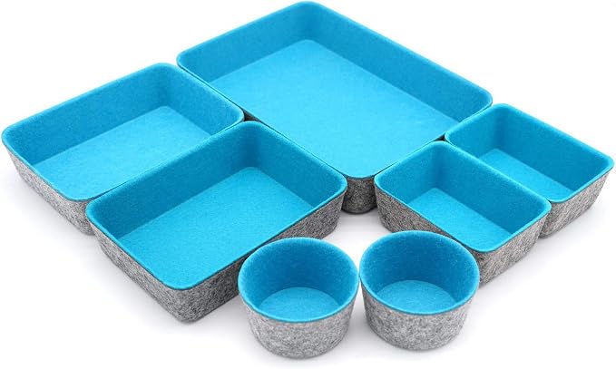 Drawer organizers bins felt tray desk storage bins dividers small organizing box for office supplies closet cabinet makeup holder Fall room decor 7-piece (Turquoise)