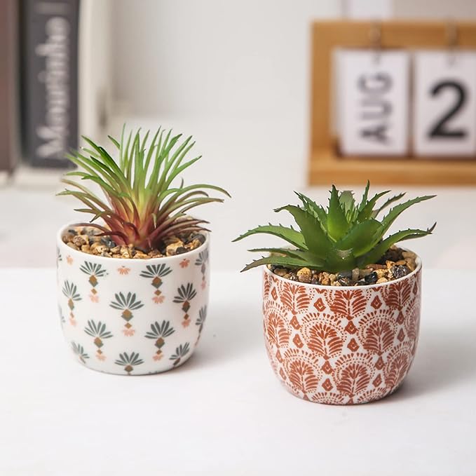 2 Pack Artificial Plants Small Cute Succulents in Ceramic Planters Fake Greenery Potted for Living Room Office Desk Decor Bathroom Bedroom Shelves Decor