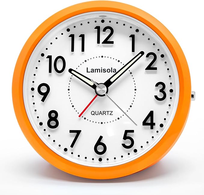 Lamisola 4 Inch Alarm Clock for Bedrooms, Small Analog Desk Clock, Orange | Battery Operated Bedside Clock for Bedroom Bathroom Home Nightstand Shelf, Night Light Snooze, Minimalist Clocks for Seniors