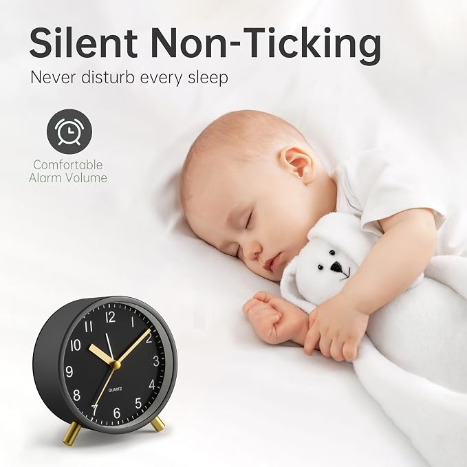 JALL Analog Alarm Clock, 4 inch Super Silent Non Ticking Small Clock with Night Light, Battery Operated, Simple Design, Easy Setting for Office, Bedroom, Bedside, Desk, Teens, Elders, Adult, Black