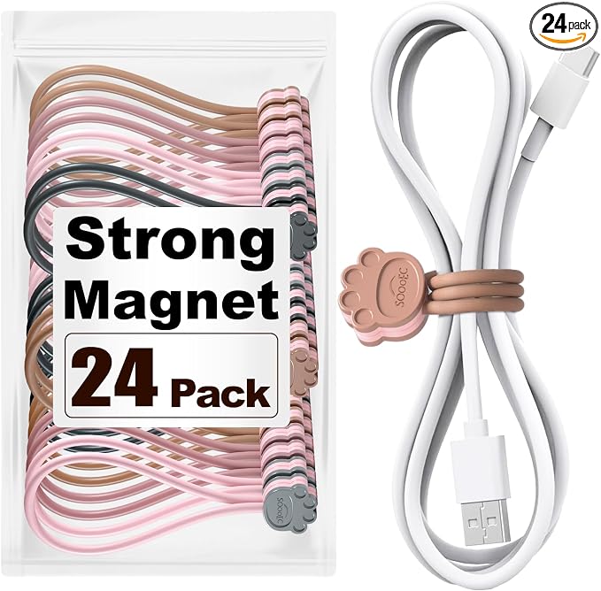 SOOOEC Magnetic Cable Ties 24 Pack, Dual-Color Cat Paw 7.2" Silicone Ties | Strong Magnet Hold / Embedded Safe Magnet / Easy Slide Open / Flex Silicone / Dual-Color Cat Paw / Multi Use / Fridge Magnet