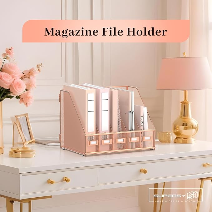 SUPEASY Desk Organizers Metal Desk Magazine File Holder with 5 Vertical Compartments Rack File Organizer for Office Desktop, Home Workspace, Rose Gold, Plus