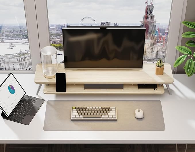 Fenge Dual Monitor Stand Riser, Wooden Desk Shelf with 2-Tier Storage | 42.5-Inch Wide, Sturdy Aluminum Legs, Built-In Phone & Tablet Slot, Desktop Organizer for Office Accessories