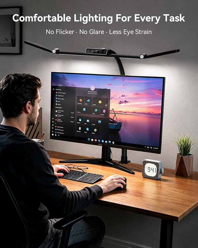 LED Desk Lamp with Clamp, 24W 3-Panel Light for Dual Monitors | 1800 Lumens, 96 LED, 3 Adjustable Panels, 360° Gooseneck, 2700K-6500K Color Temps, Remote, Touch Control, Memory Function