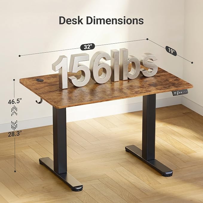 Claiks Electric Height Adjustable Stand Up Desk, 32x19 Inches Sit Stand Desk for Home Office, Rustic Brown Top/Black Frame